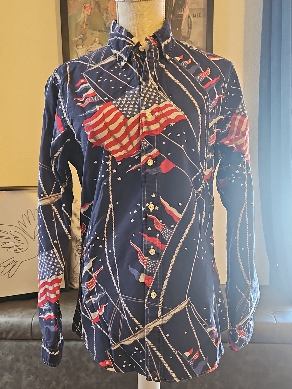 Ralph Lauren Navy Button-Down Shirt with Red & White Flag Print